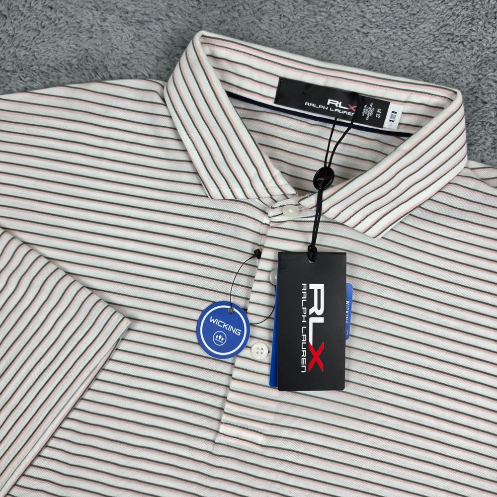 RLX Ralph Lauren Polo Shirt Mens XL White Striped Performance Wicking Golf NWT